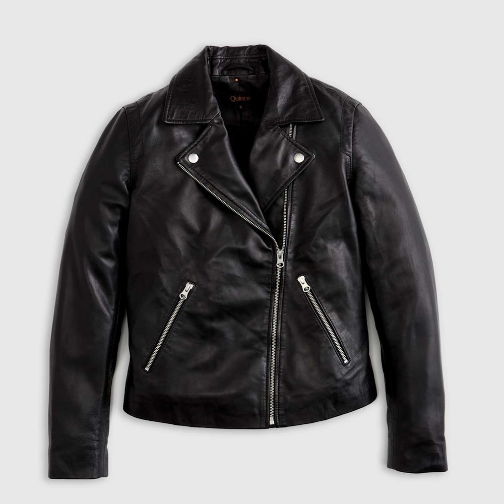 QUINCE 100% Washed Genuine Leather Biker Jacket XS Black Sheepskin - Picture 7 of 7